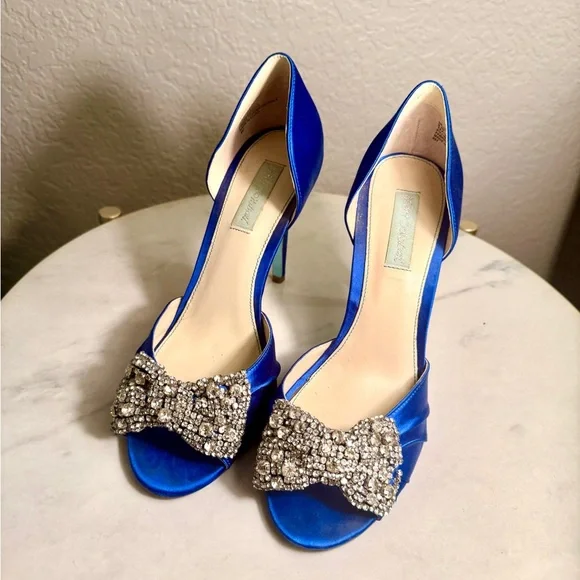 Betsey Johnson Royal Blue Heels with Diamond Bow 9.5 - Picture 1 of 5